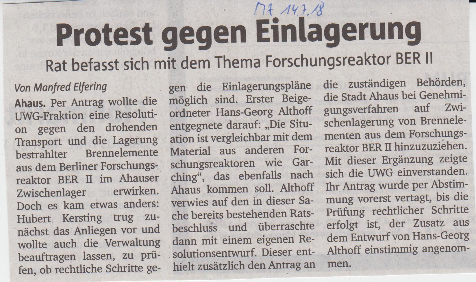Münsterländer Zeitung vom 14.07.2018